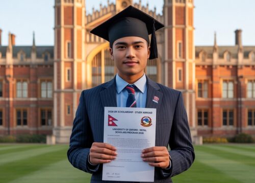 Nepali student holding UK scholarship acceptance letter in front of British university