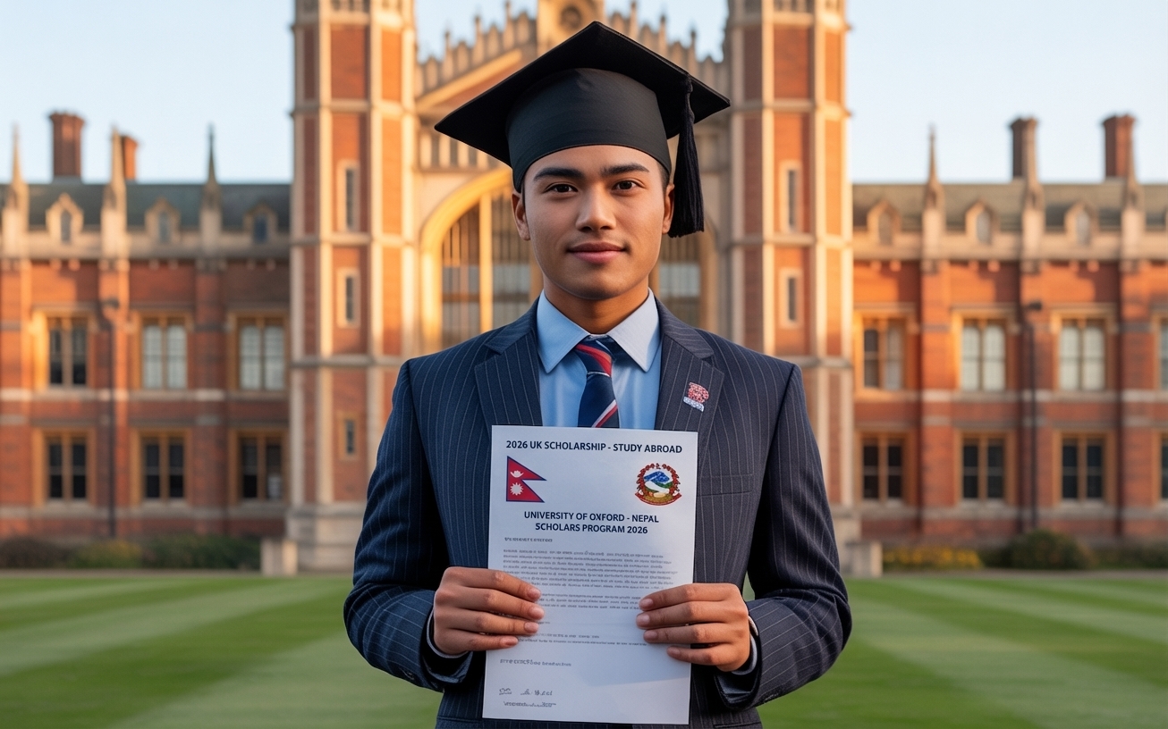 Nepali student holding UK scholarship acceptance letter in front of British university